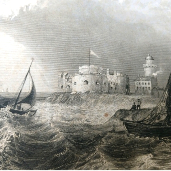 Antique 1600's William H Bartlett Painting/Drawing "Hurst Castle" - Picture 1 of 9